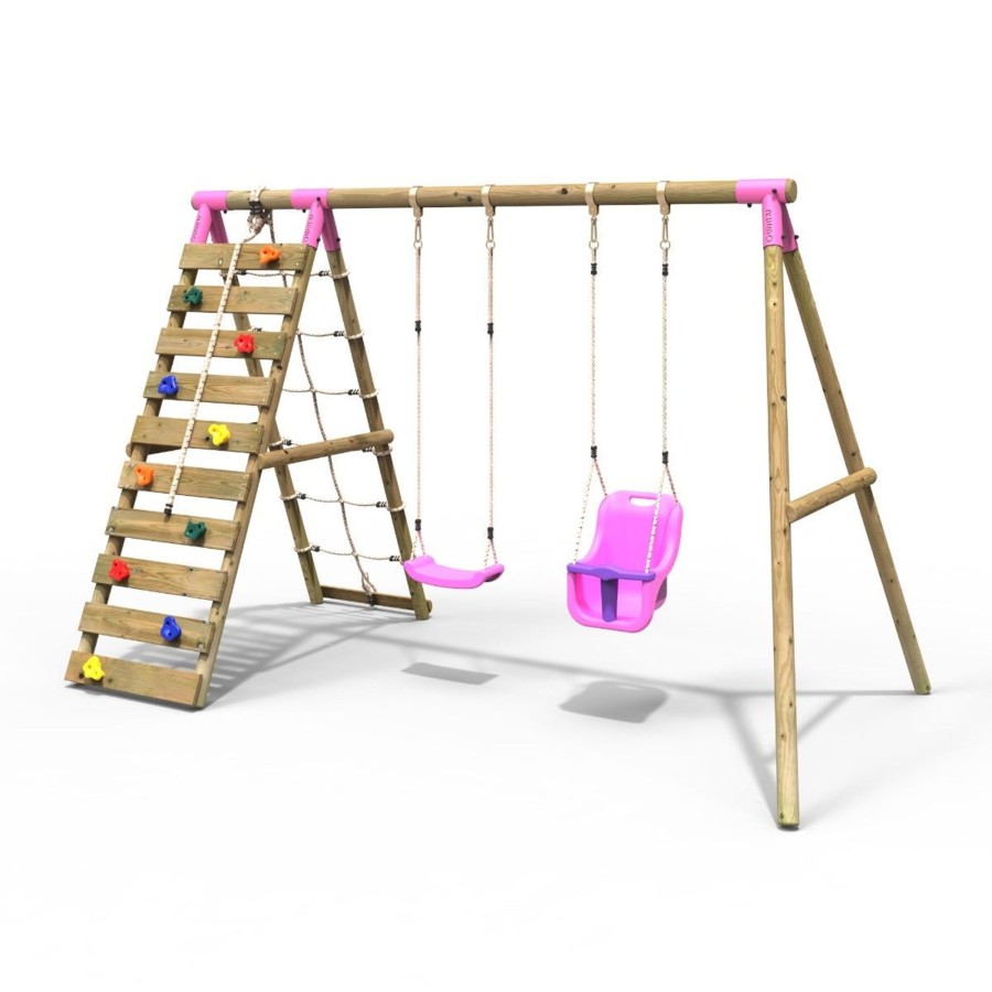 Swings OutdoorToys Wooden Swings | Rebo Wooden Swing Set With Up And Over Climbing Wall - Kai Pink