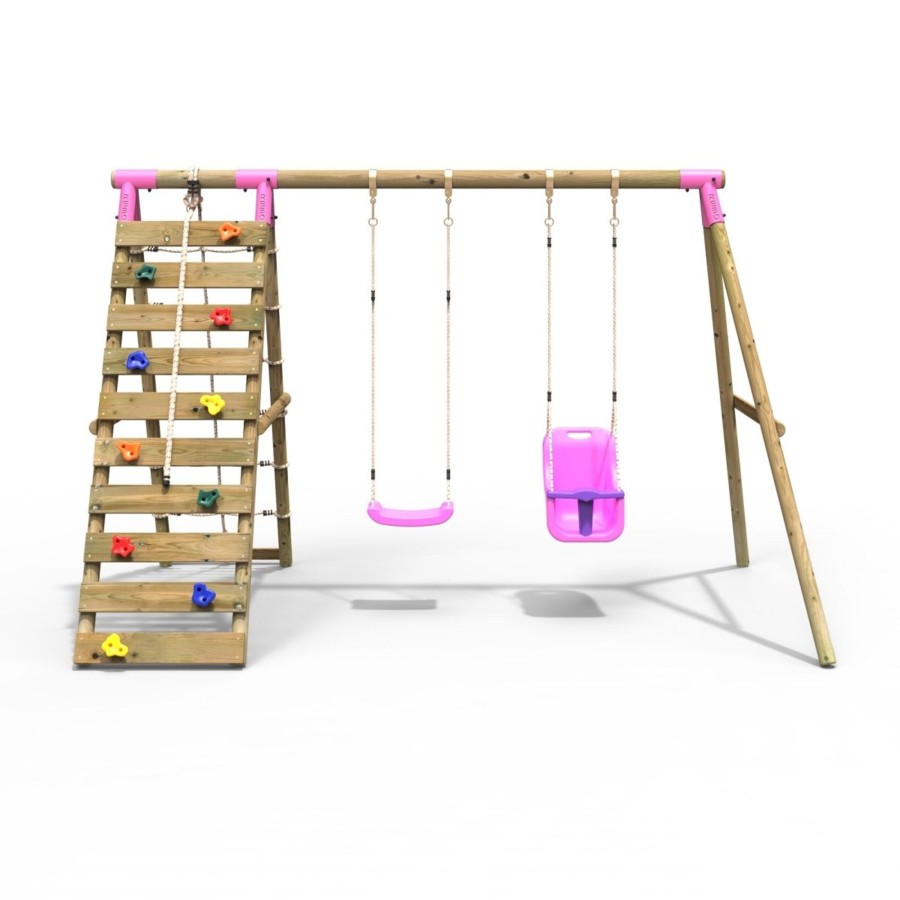 Swings OutdoorToys Wooden Swings | Rebo Wooden Swing Set With Up And Over Climbing Wall - Kai Pink