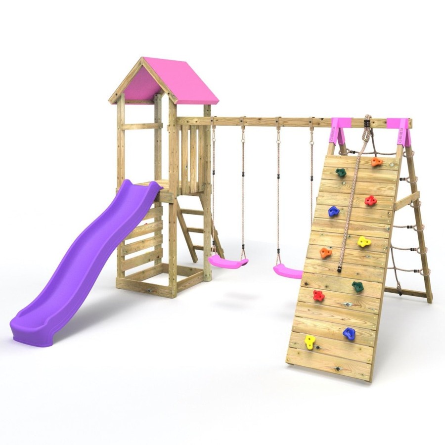 Climbing Frames OutdoorToys Climbing Frames With Rock Walls | Rebo Challenge Wooden Climbing Frame With Swings, Slide And Up & Over Climbing Wall - Greenhorn Pink