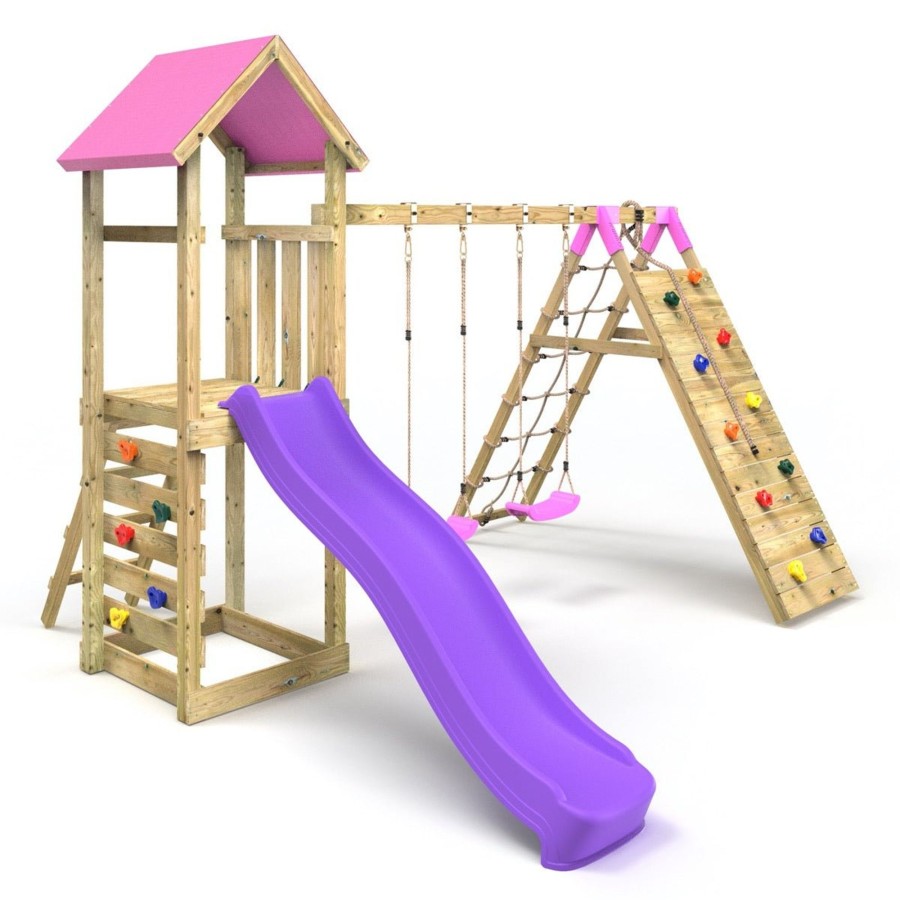 Climbing Frames OutdoorToys Climbing Frames With Rock Walls | Rebo Challenge Wooden Climbing Frame With Swings, Slide And Up & Over Climbing Wall - Greenhorn Pink