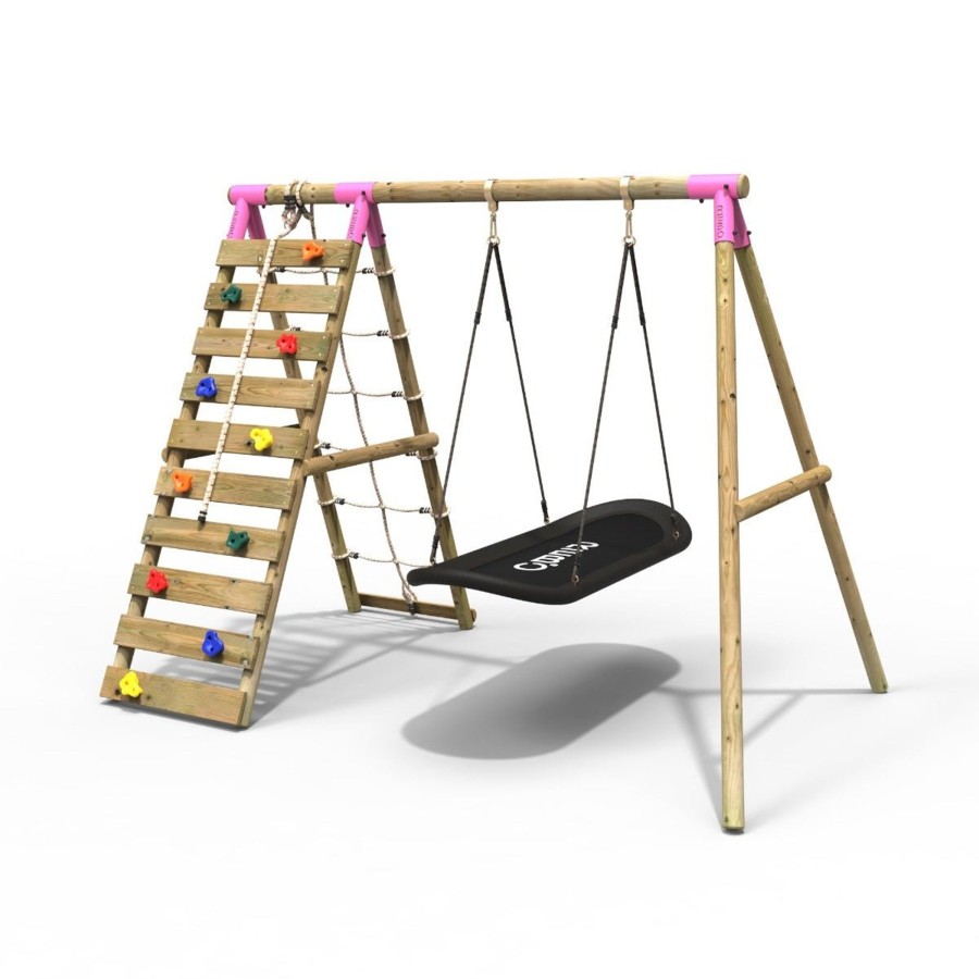 Swings OutdoorToys Wooden Swings | Rebo Wooden Swing Set With Up And Over Climbing Wall - Eden Pink