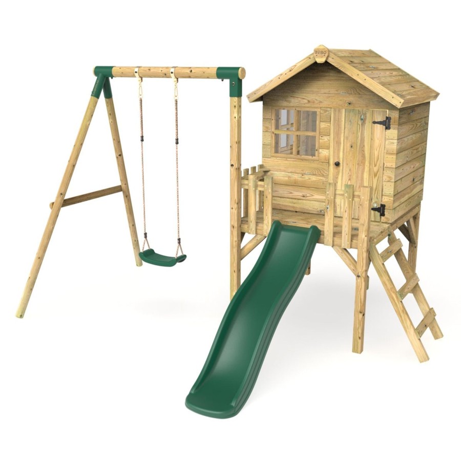 Playhouses OutdoorToys Playhouses With Slides And Swings | Rebo Orchard 4Ft X 4Ft Wooden Playhouse + Swings, 900Mm Deck & 6Ft Slide - Solar Green