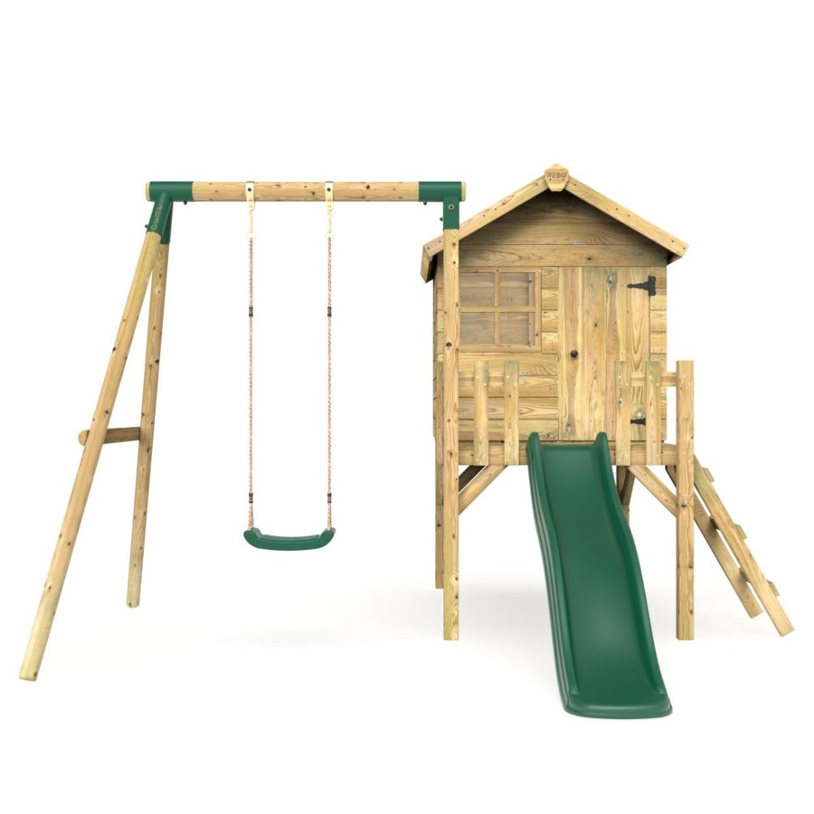 Playhouses OutdoorToys Playhouses With Slides And Swings | Rebo Orchard 4Ft X 4Ft Wooden Playhouse + Swings, 900Mm Deck & 6Ft Slide - Solar Green