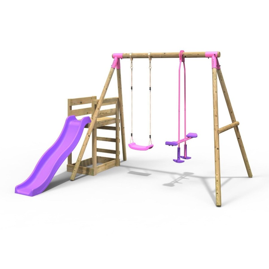 Swings OutdoorToys Wooden Swings | Rebo Wooden Swing Set Plus Deck & Slide - Star Pink