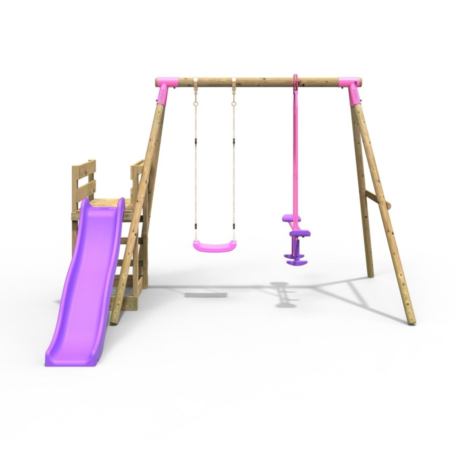 Swings OutdoorToys Wooden Swings | Rebo Wooden Swing Set Plus Deck & Slide - Star Pink