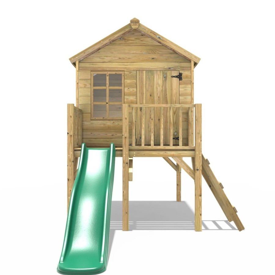 Playhouses OutdoorToys Playhouses With Slides | Rebo 5Ft X 5Ft Childrens Wooden Garden Playhouse On Deck With 6Ft Slide - Pheasant Green