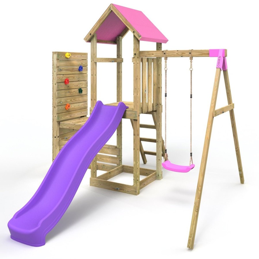 Climbing Frames OutdoorToys Climbing Frames With Rock Walls | Rebo Wooden Climbing Frame With Vertical Rock Wall, Swing Set And Slide - Rushmore+ Pink