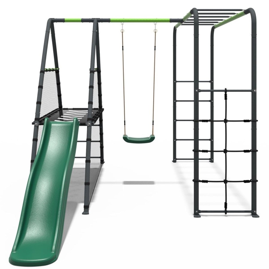 Swings OutdoorToys Swings & Slide Sets | Rebo Steel Series Metal Swing Set + Monkey Bars & Slide - Single Green